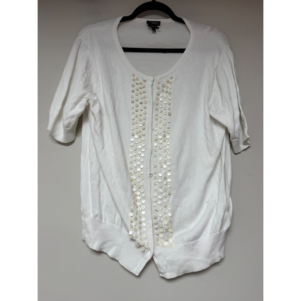 Talbots Cardigan Womens XL White Good Pima Cotton Sequin Short Sleeve Scoop Neck
